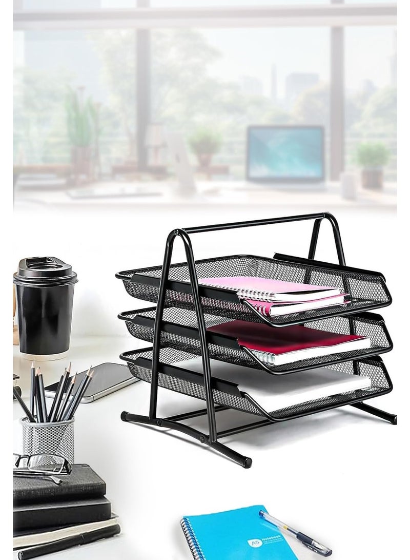 صينية مستندات شبكية معدنية ثلاثية الطبقات، منظم مكتب، رف ملفات بحجم A4، أسود - Image 5