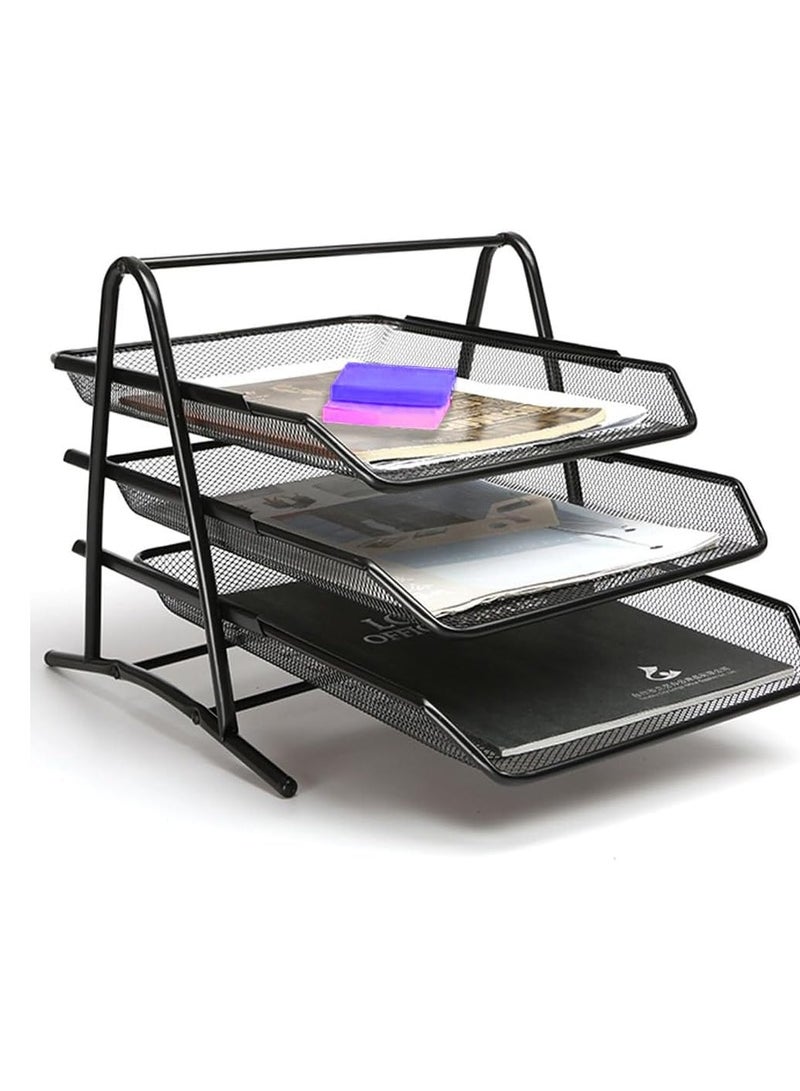 صينية مستندات شبكية معدنية ثلاثية الطبقات، منظم مكتب، رف ملفات بحجم A4، أسود - Image 1