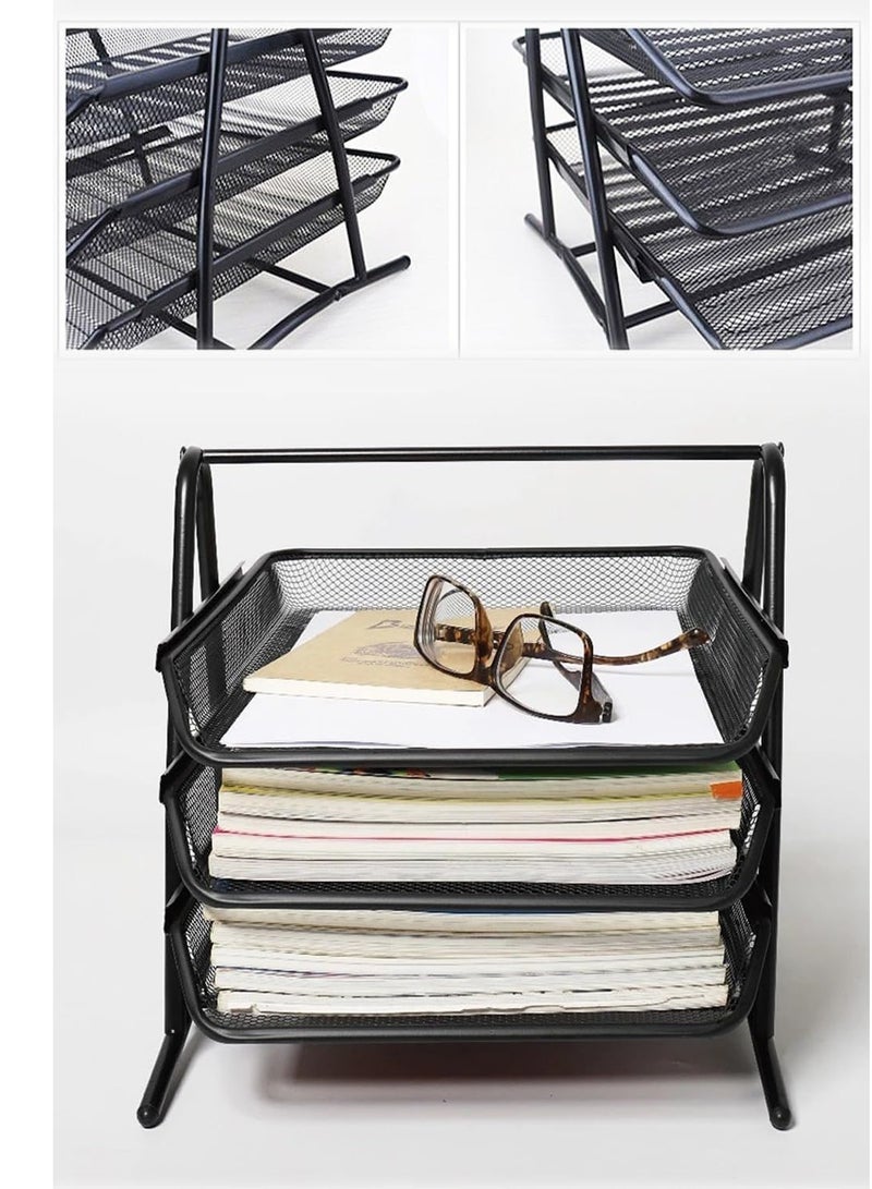 صينية مستندات شبكية معدنية ثلاثية الطبقات، منظم مكتب، رف ملفات بحجم A4، أسود - Image 3