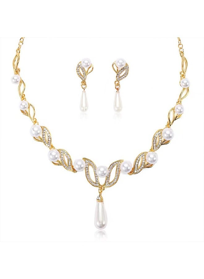 Zeemey Dangle Earrings + Necklace Elegant Jewelry Set 18k Gold Plated Inlaid Faux Pearl Engagement Wedding Jewelry Evening Party Decor - Image 1
