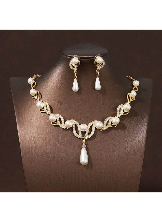 Zeemey Dangle Earrings + Necklace Elegant Jewelry Set 18k Gold Plated Inlaid Faux Pearl Engagement Wedding Jewelry Evening Party Decor - Image 2