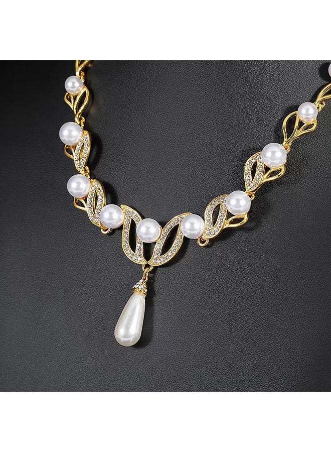 Zeemey Dangle Earrings + Necklace Elegant Jewelry Set 18k Gold Plated Inlaid Faux Pearl Engagement Wedding Jewelry Evening Party Decor - Image 5