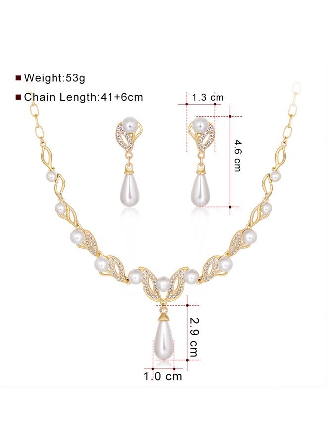 Zeemey Dangle Earrings + Necklace Elegant Jewelry Set 18k Gold Plated Inlaid Faux Pearl Engagement Wedding Jewelry Evening Party Decor - Image 4
