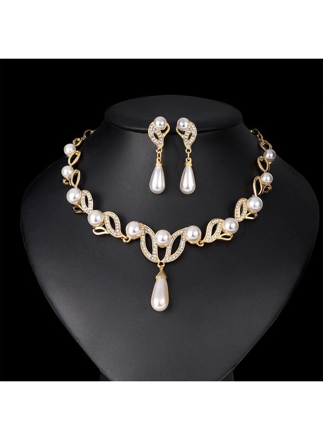 Zeemey Dangle Earrings + Necklace Elegant Jewelry Set 18k Gold Plated Inlaid Faux Pearl Engagement Wedding Jewelry Evening Party Decor - Image 3