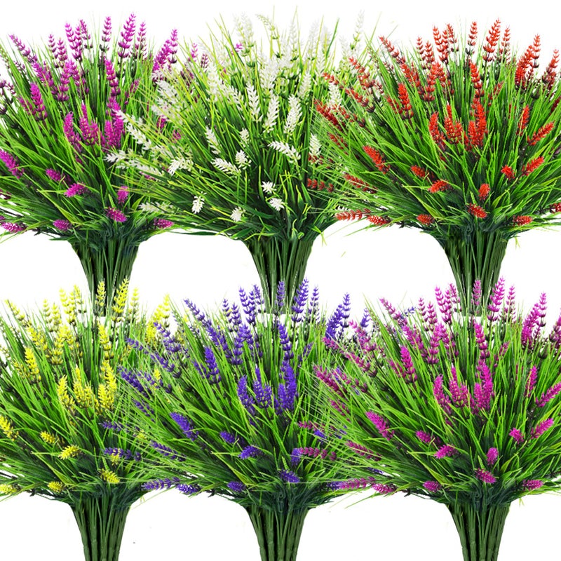 Bassion Artificial Flowers for Outdoors, 24 Bundles Fake Lavender Flowers UV Resistant Mixed Color Plastic Plants Faux Monkey Grass for Home Porch Garden Window Box Indoor Outdoor Decorations - Image 1