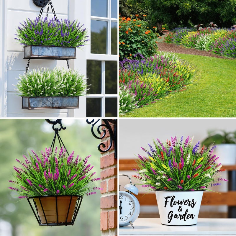 Bassion Artificial Flowers for Outdoors, 24 Bundles Fake Lavender Flowers UV Resistant Mixed Color Plastic Plants Faux Monkey Grass for Home Porch Garden Window Box Indoor Outdoor Decorations - Image 4