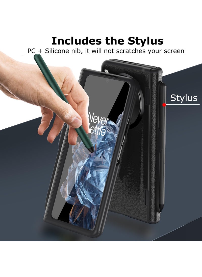 SYOSI - Case for OnePlus Open 2023 with Stylus and Pen Holder, Luxury PU Leather One Plus Cover, with Hinge Protection, Built in Screen Protector, Kickstand, All Inclusive Design, Black - Image 1