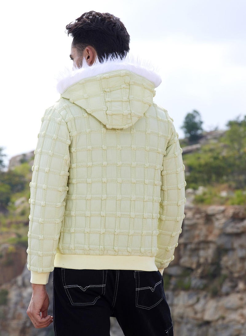 كامبوس سوترا Men's Pale Yellow Self-Design Puffer Jacket With Fleece Hood  - Image 5