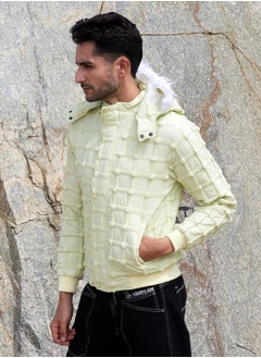 Campus Sutra Men's Pale Yellow Self-Design Puffer Jacket With Fleece Hood  - Image 3