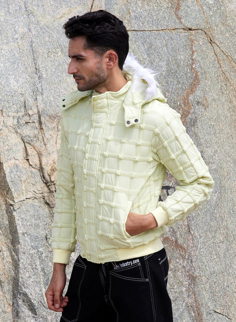كامبوس سوترا Men's Pale Yellow Self-Design Puffer Jacket With Fleece Hood  - Image 3