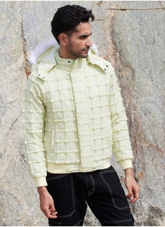 Campus Sutra Men's Pale Yellow Self-Design Puffer Jacket With Fleece Hood  - Image 2