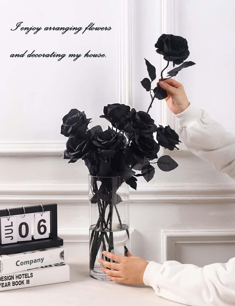 Laelfe 12 PCS Artificial Flowers Black Roses, Fake Silk Flower Long Stem Artificial Rose for Home Wedding Party Decorations(Black Halloween) - Image 4