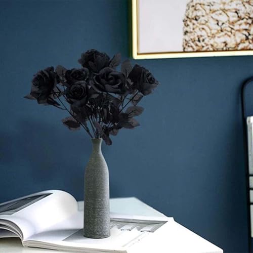 Laelfe 12 PCS Artificial Flowers Black Roses, Fake Silk Flower Long Stem Artificial Rose for Home Wedding Party Decorations(Black Halloween) - Image 5