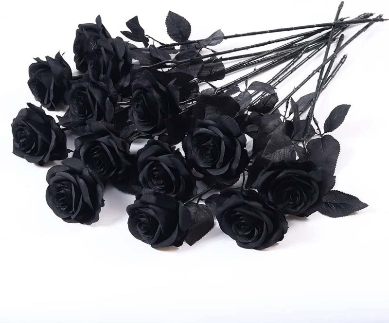 Laelfe 12 PCS Artificial Flowers Black Roses, Fake Silk Flower Long Stem Artificial Rose for Home Wedding Party Decorations(Black Halloween) - Image 1