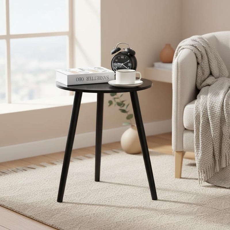 FendiHome Round Wooden Side Table, Black, 40cm Diameter, Waterproof Surface, Modern Minimalist Style, Natural Wood Texture, Lightweight Design for Living Room and Bedroom (Black) - Image 2