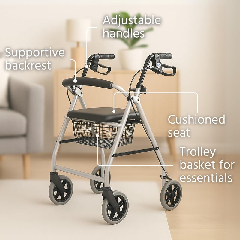 DAYS Essentials Rollator Walker with Seat Lightweight Mobility Walker Folding Frame with Padded Seat Backrest Basket Walking Aid for Elderly Adjustable Handles Mobility Aids SilverGrey - Image 4