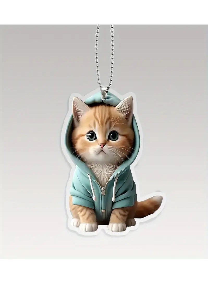 Generic Cat Keychain and Car Mirror Hanging Ornament - Cute 2D Acrylic with Blue Hood, Water-Resistant  - Image 1