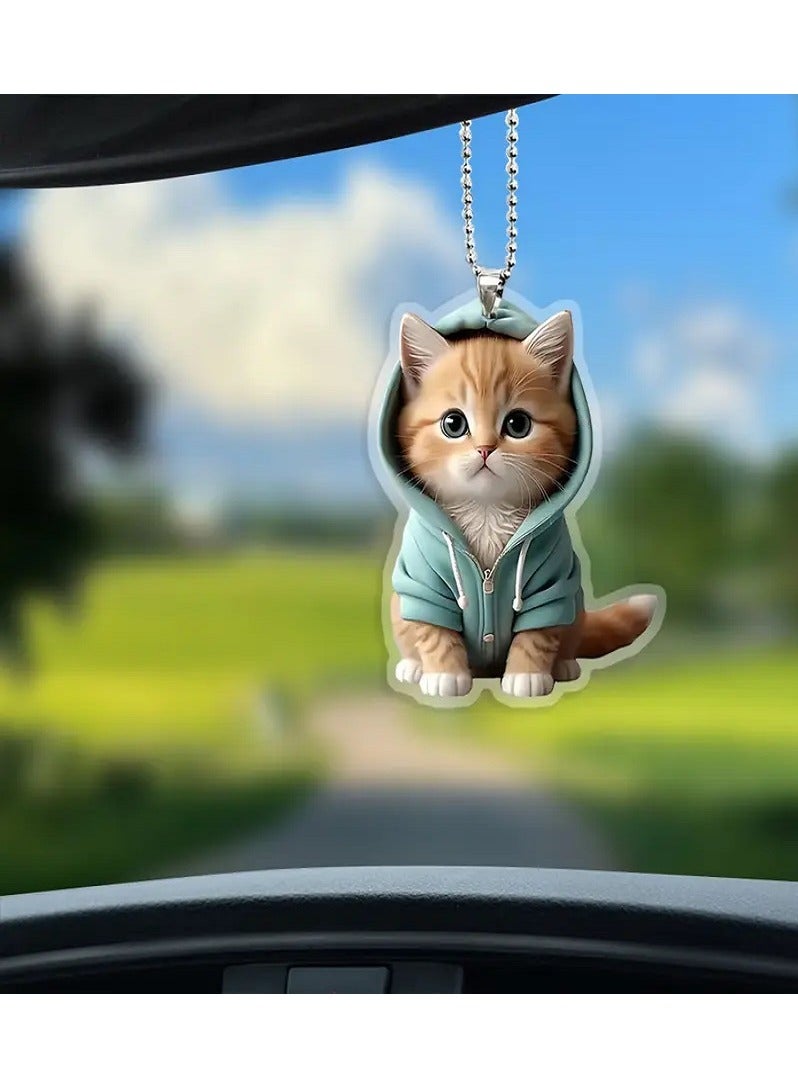 Generic Cat Keychain and Car Mirror Hanging Ornament - Cute 2D Acrylic with Blue Hood, Water-Resistant  - Image 2