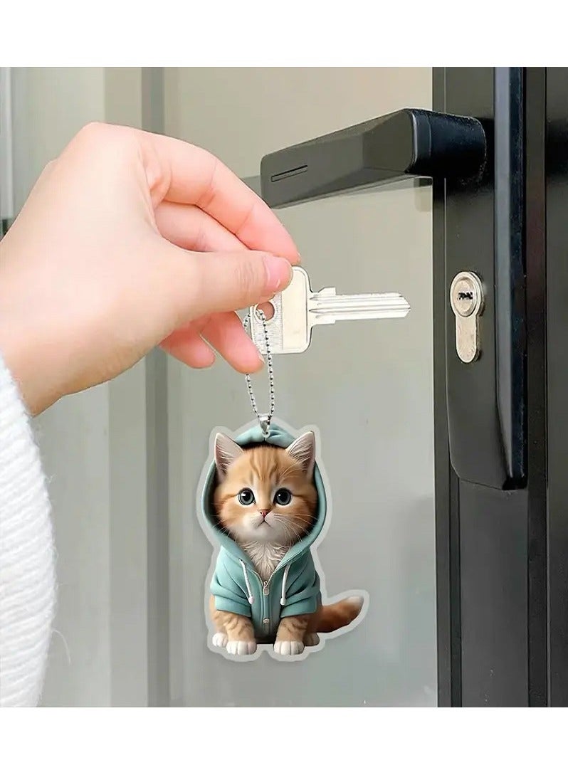 Generic Cat Keychain and Car Mirror Hanging Ornament - Cute 2D Acrylic with Blue Hood, Water-Resistant  - Image 3