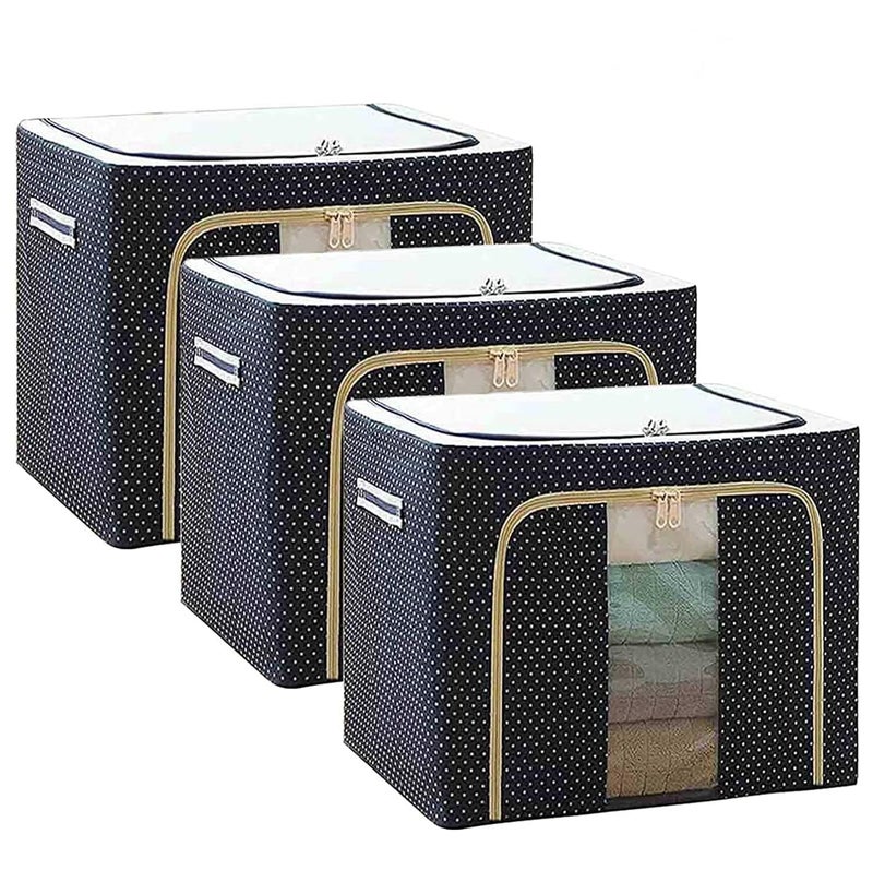 Raggle 3PCS polycotton Clothes Storage Organizer Bins, Foldable Storage Bins-Cloth Steel Frame Storage Box with Foldable Clear Window & Reinforced Handles (Blue, 100L-3) - Image 1