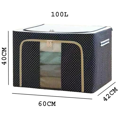 Raggle 3PCS polycotton Clothes Storage Organizer Bins, Foldable Storage Bins-Cloth Steel Frame Storage Box with Foldable Clear Window & Reinforced Handles (Blue, 100L-3) - Image 2