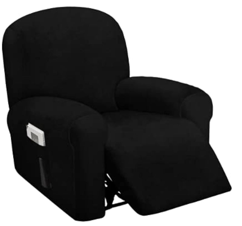 ULTICOR 4Piece 1 Seat Recliner Cover Velvet Stretch Reclining Chair Covers for 1 Cushion Reclining Sofa Single Seat Recliner Couch Cover Thick Very Soft Machine Washable Black