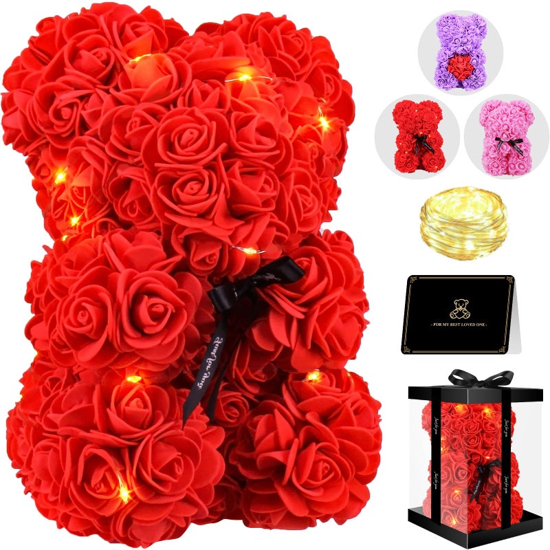 Otlonpe Bear Rose Valentines Day Gifts for Her  9 inch Flower Bear with Led Light  Birthday Gifts for Women Wife Girlfriend Mom  Gifts for Valentine's Day Anniversary Womens Day Mothers Day (Red) - Image 1