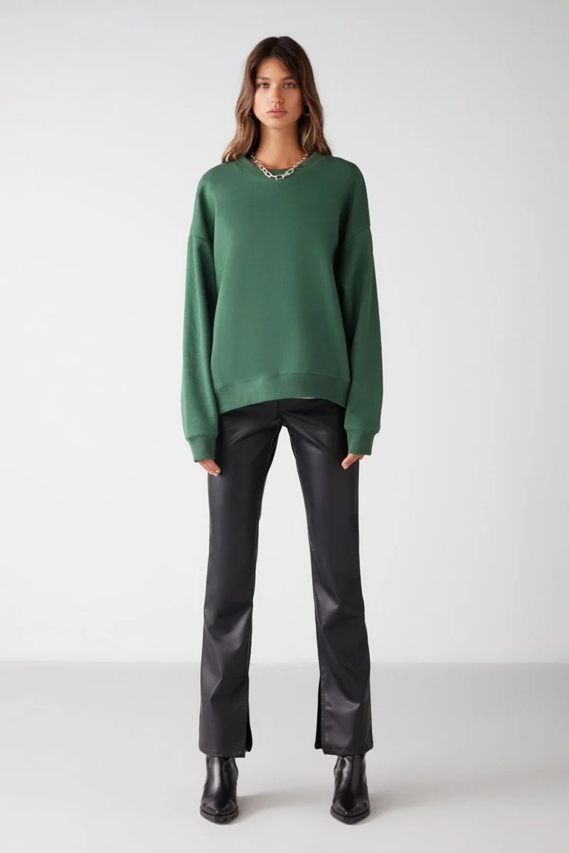 GRIMELANGE Susana Women's Crew Neck Polar Fleece Oversize Fit Basic Green Sweatshirt