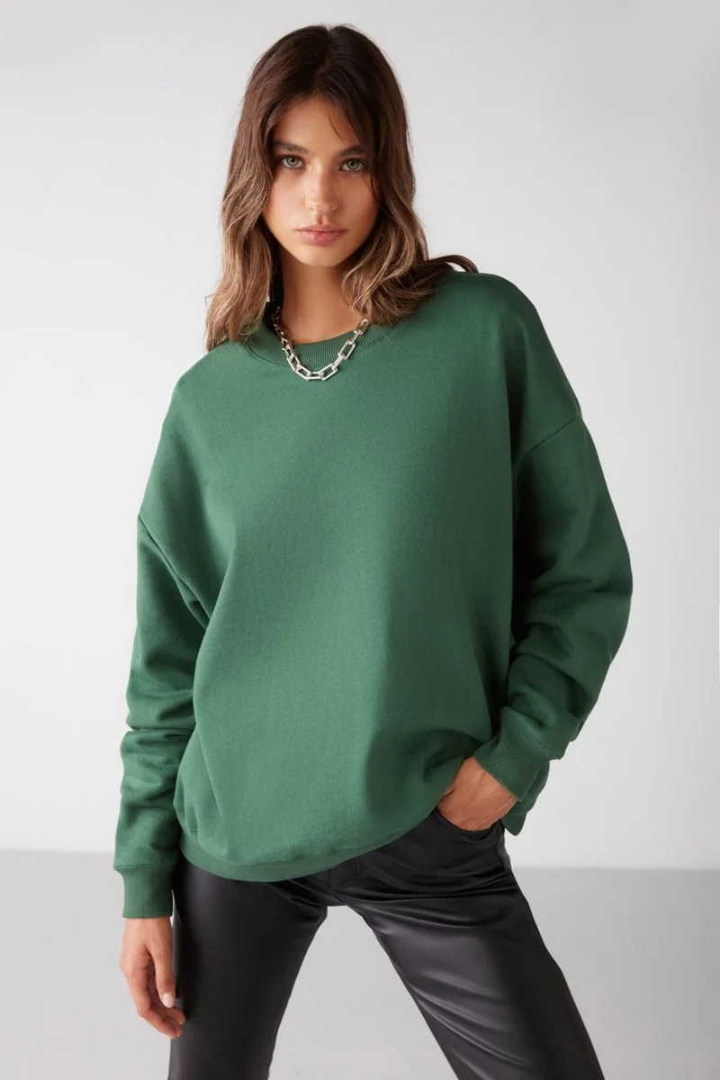 GRIMELANGE Susana Women's Crew Neck Polar Fleece Oversize Fit Basic Green Sweatshirt