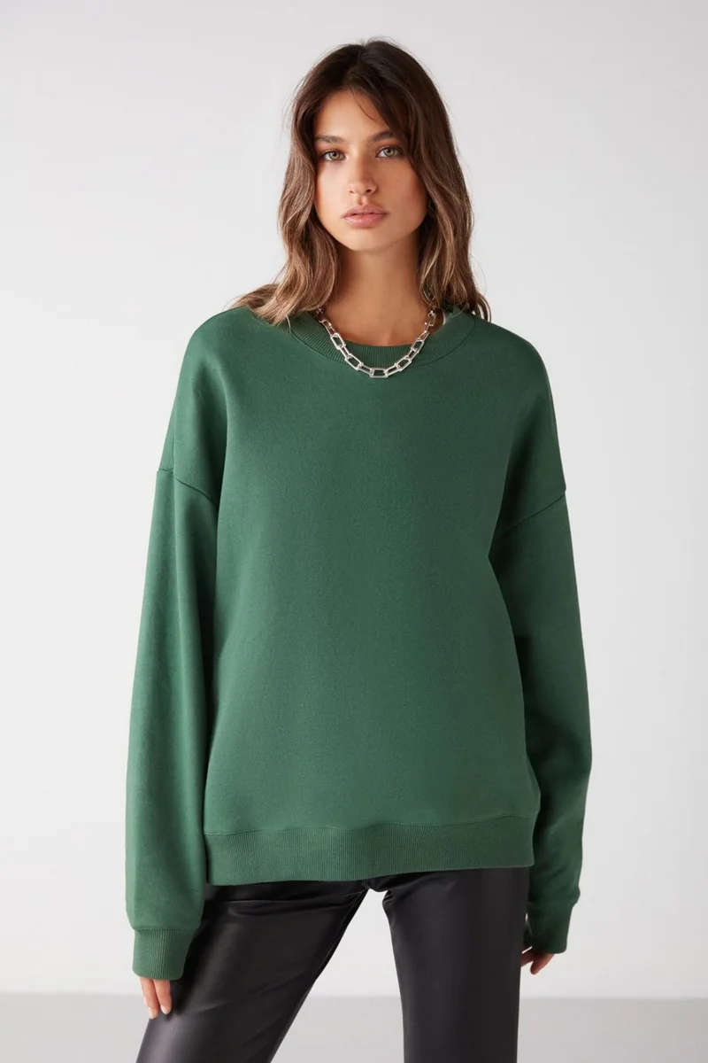 GRIMELANGE Susana Women's Crew Neck Polar Fleece Oversize Fit Basic Green Sweatshirt
