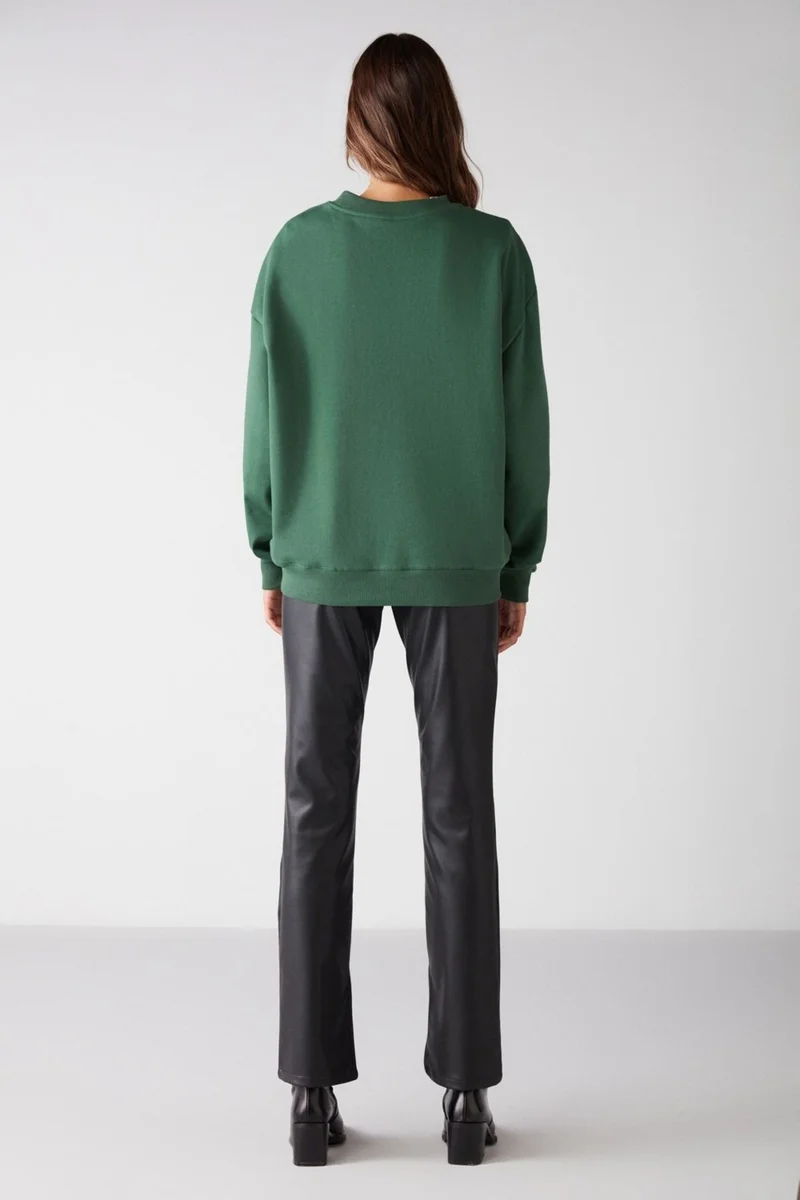 GRIMELANGE Susana Women's Crew Neck Polar Fleece Oversize Fit Basic Green Sweatshirt