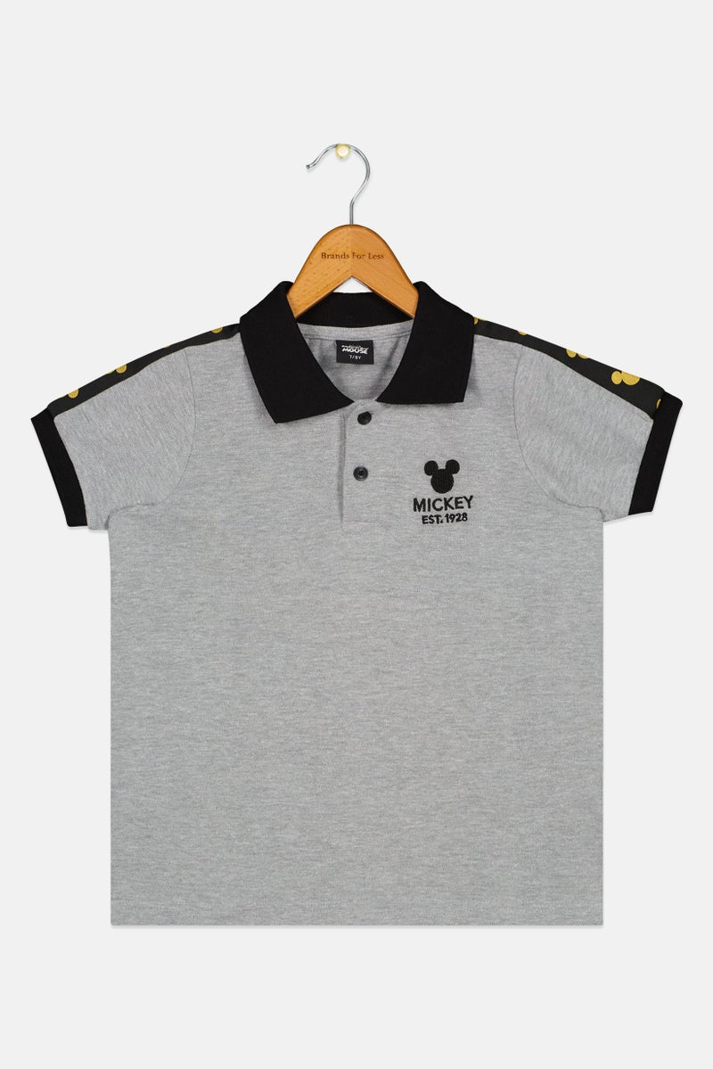 Disney x Micky Mouse Kids Boy Short Sleeve Embroidered Logo Polo Shirt, Dark Grey - Image 3