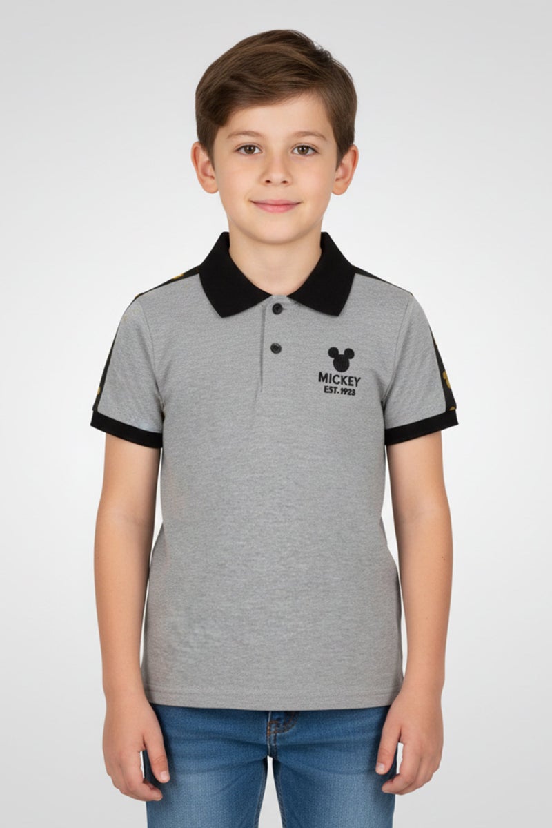 Disney x Micky Mouse Kids Boy Short Sleeve Embroidered Logo Polo Shirt, Dark Grey - Image 1