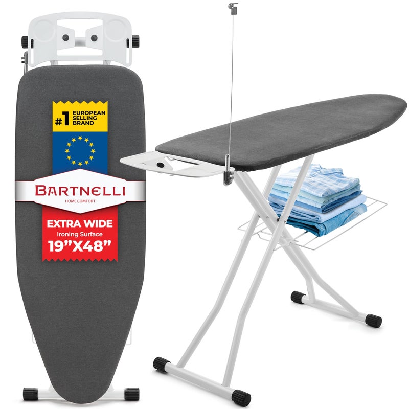 Bartnelli Extra Wide Pro Ironing Board 19x48 Ironing Surface with Iron Rest, Cord Holder, Shelf and 4 Layer Heat Resistant Cover and Pad - Image 1