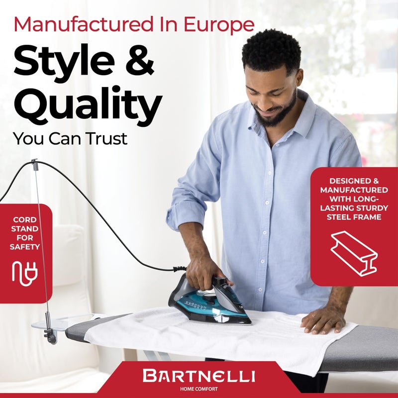Bartnelli Extra Wide Pro Ironing Board 19x48 Ironing Surface with Iron Rest, Cord Holder, Shelf and 4 Layer Heat Resistant Cover and Pad - Image 2