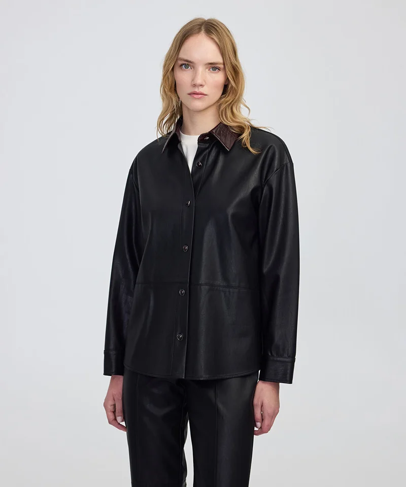 Ipekyol Contrast Collar Leather-Effect Shirt