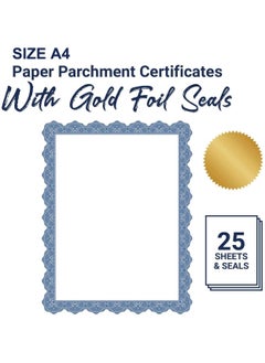 Generic Blank certificate paper containing a blue frame for writing inside, ready for printing, A4 size, with 25 gold foil adhesive stamps, 5 cm, 25 sheets, 250 grams, Up to Date Egypt 01222143812  - Image 3