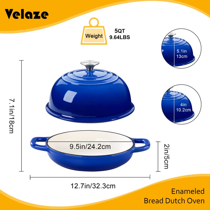 Velaze Enameled Cast Iron Dutch Oven for Bread Baking,5 QT Round Bread Oven Pot with Dome Lid for Sourdough, Roasting,Braising(Blue) - Image 2