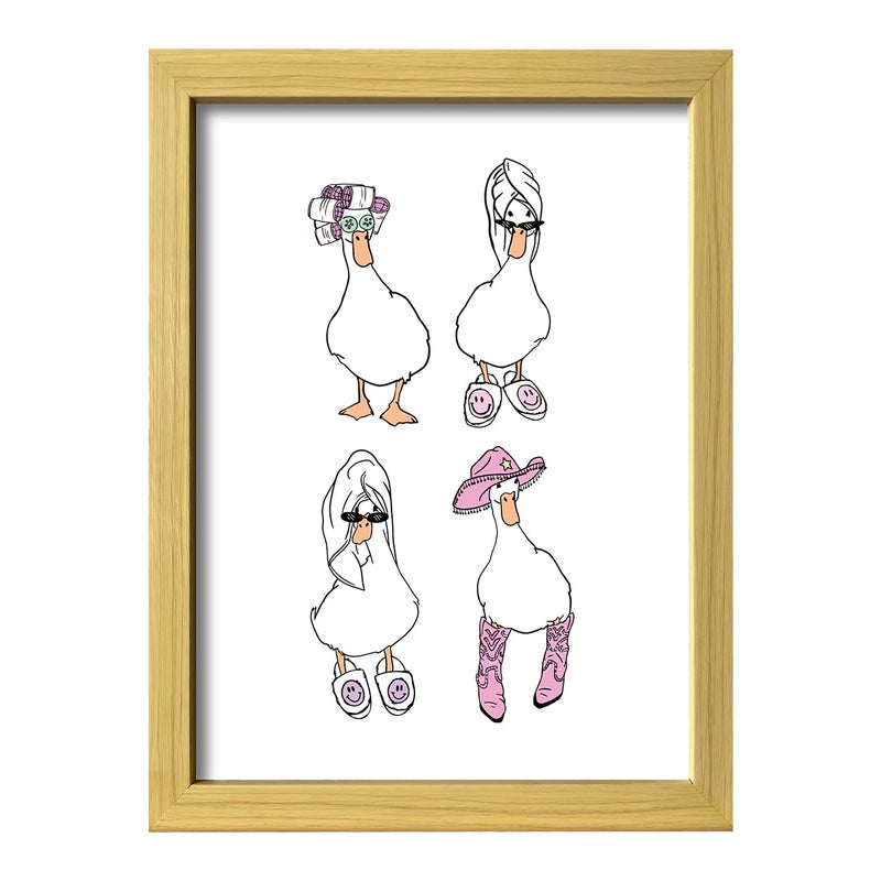 Melpa Art Cute Girls Bathroom Wall Decor Funny Ducks Towel Cowboy and Curlers Canvas Print Framed White and Pink Trendy Wall Art for Woman Room Decor - Image 1