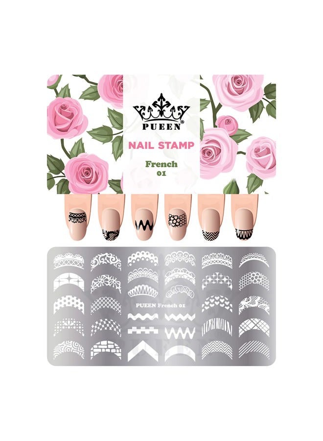 PUEEN Nail Art Stamping Plate -French 01-125x65mm Unique Nailart Polish Stamping Manicure Image Plates Accessories DIY Nails - BH000916 - Image 1