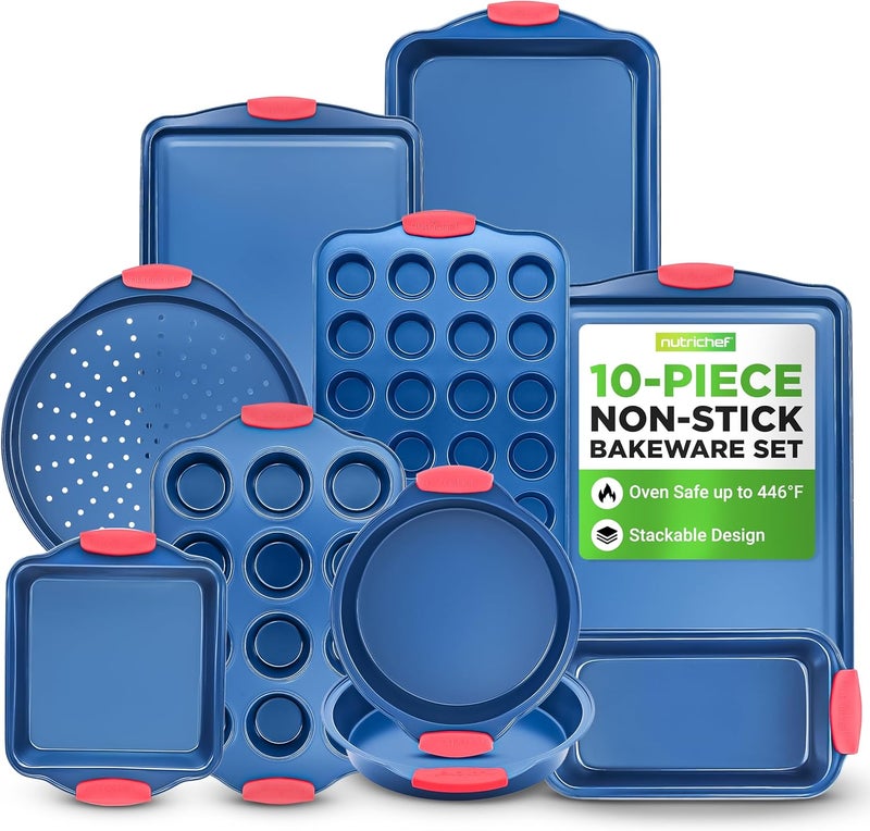 NutriChef 10-Piece Nonstick Bakeware Set - Deluxe Carbon Steel with Blue Silicone Coating, Red Handles, Professional Grade Kitchen Essentials, Ideal for Baking Cakes, Cookies, and More (Blue) - Image 1