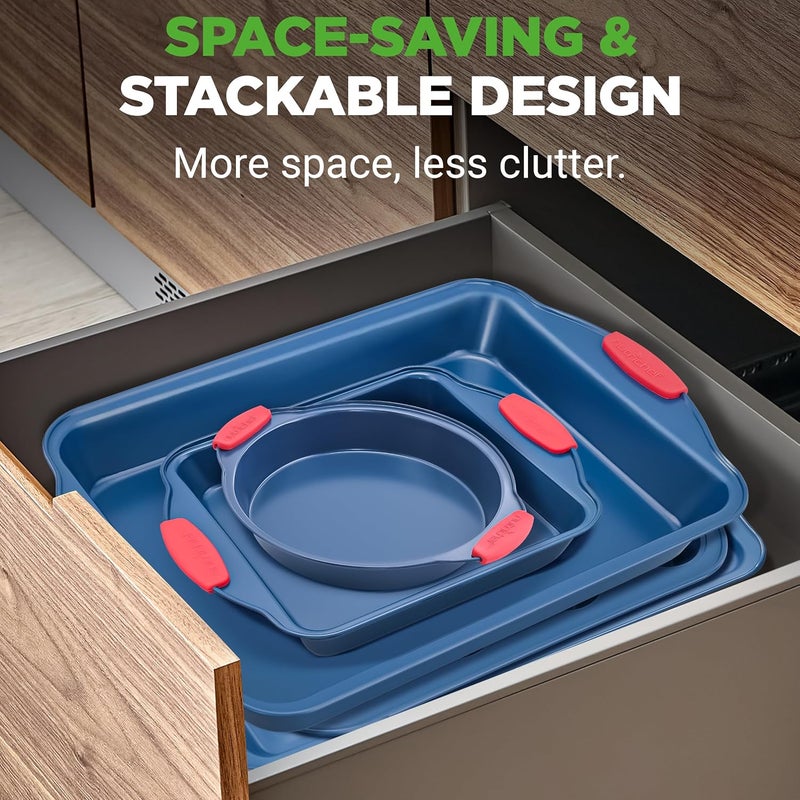 NutriChef 10-Piece Nonstick Bakeware Set - Deluxe Carbon Steel with Blue Silicone Coating, Red Handles, Professional Grade Kitchen Essentials, Ideal for Baking Cakes, Cookies, and More (Blue) - Image 3