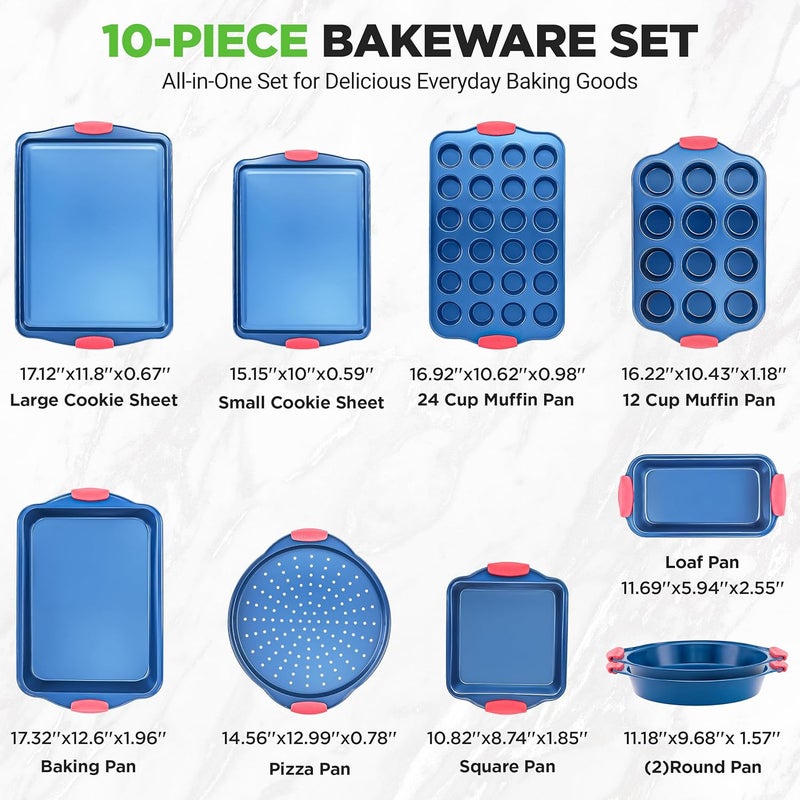 NutriChef 10-Piece Nonstick Bakeware Set - Deluxe Carbon Steel with Blue Silicone Coating, Red Handles, Professional Grade Kitchen Essentials, Ideal for Baking Cakes, Cookies, and More (Blue) - Image 4