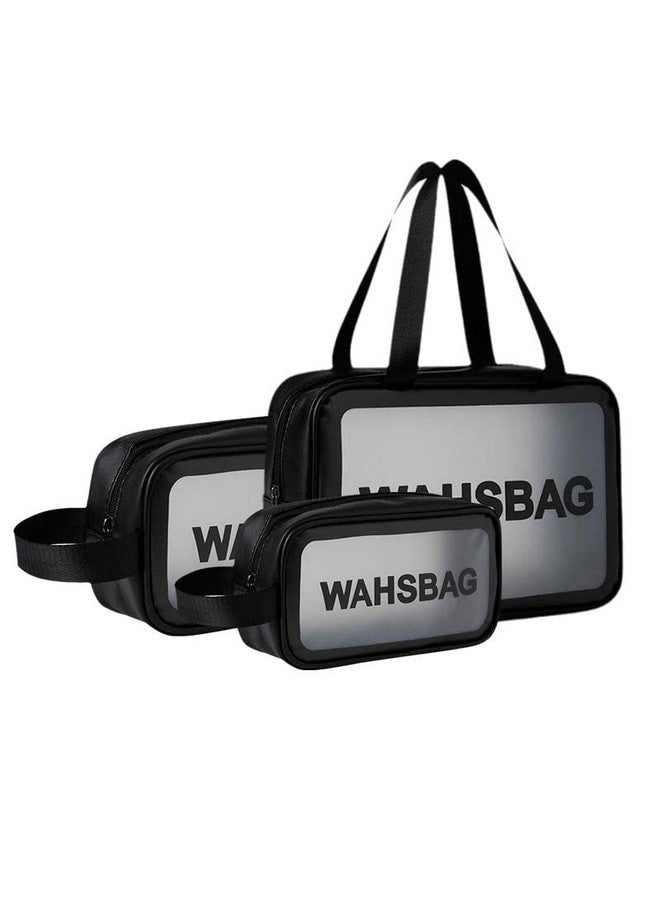 Luxula Multipurpose Clear PVC Zipper Cosmetic Travel Wash Bag Toiletry Makeup Organizer Portable Carry Pouch for Women Girls (Set of 3 Bag) (Black) - Image 1