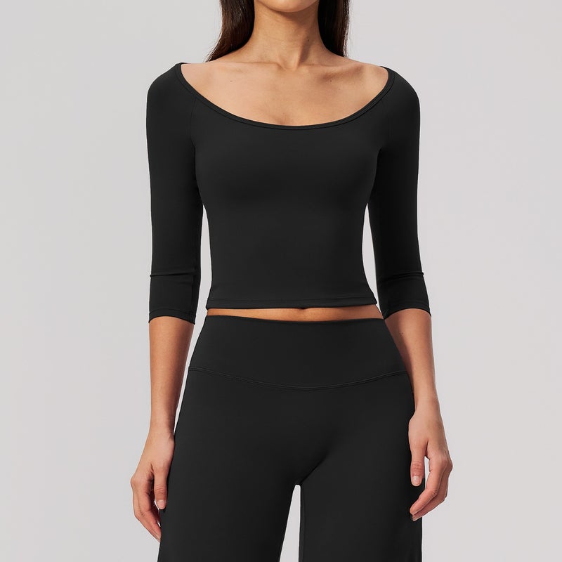 Cross-Border Quick-Dry Five-Quarter Sleeve T-Shirt, Tight-Fit, Waist-Slimming Pilates Workout Top