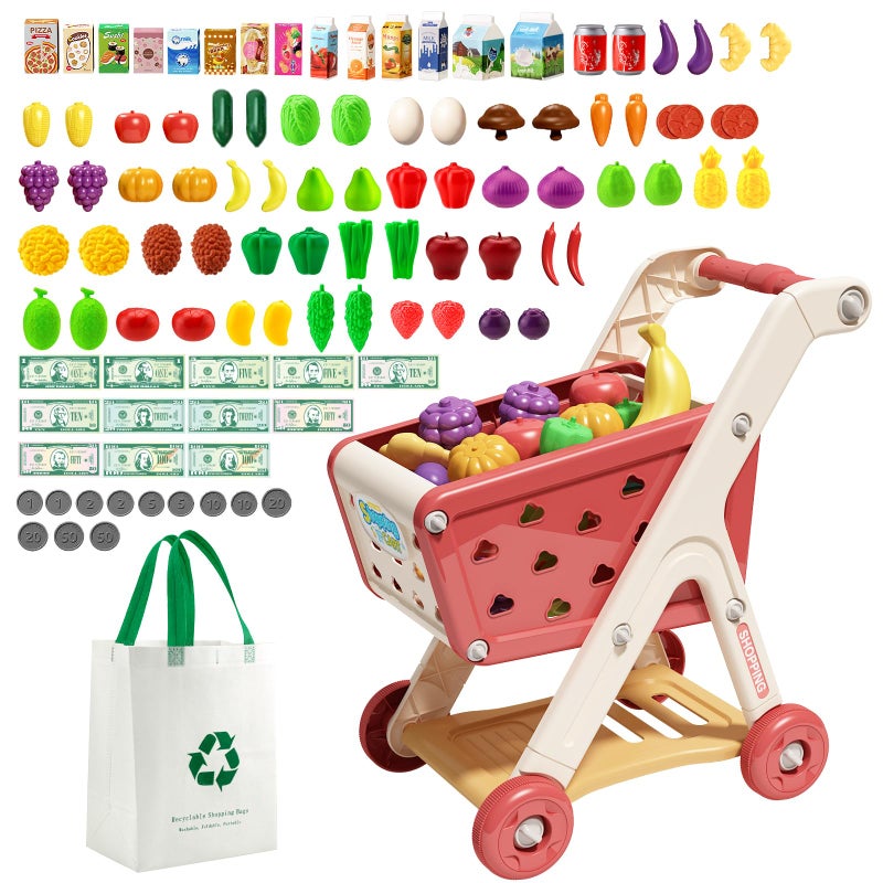 Jovow 102pcs Kids Shopping Cart Trolley Play Set with Pretend Food and AccessoriesPerfect for Ages 3 Pretend Play and RolePlaying Games Red - Image 3