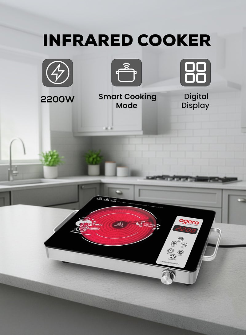 أوجيرا موقد أشعة تحت الحمراء رقمي 2200 واط | عين واحدة مع شاشة LED بأربعة أرقام ومقبض | سطح زجاجي مقاوم للحرارة 280×360 مم | هيكل من الستانلس ستيل | عنصر تسخين سيراميك | 10 مستويات طاقة | مواد مقاومة للحريق | ضمان سنتين | OG8026IFC - Image 1