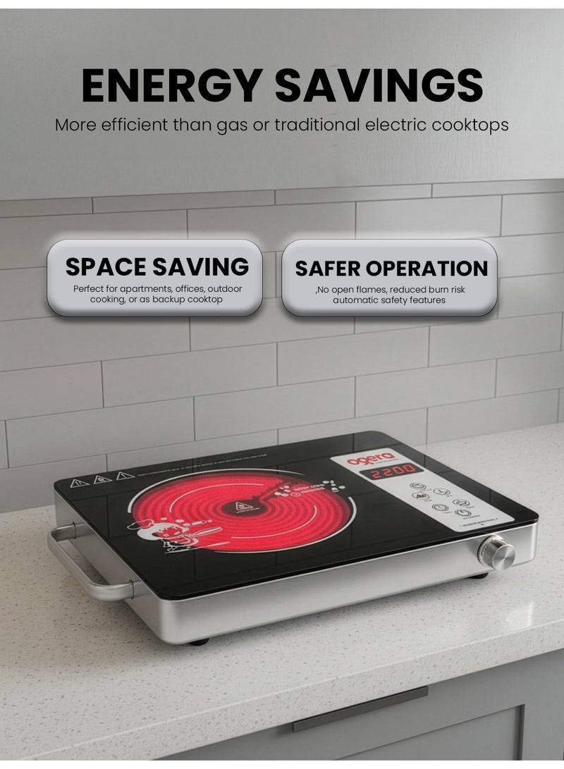 أوجيرا موقد أشعة تحت الحمراء رقمي 2200 واط | عين واحدة مع شاشة LED بأربعة أرقام ومقبض | سطح زجاجي مقاوم للحرارة 280×360 مم | هيكل من الستانلس ستيل | عنصر تسخين سيراميك | 10 مستويات طاقة | مواد مقاومة للحريق | ضمان سنتين | OG8026IFC - Image 2