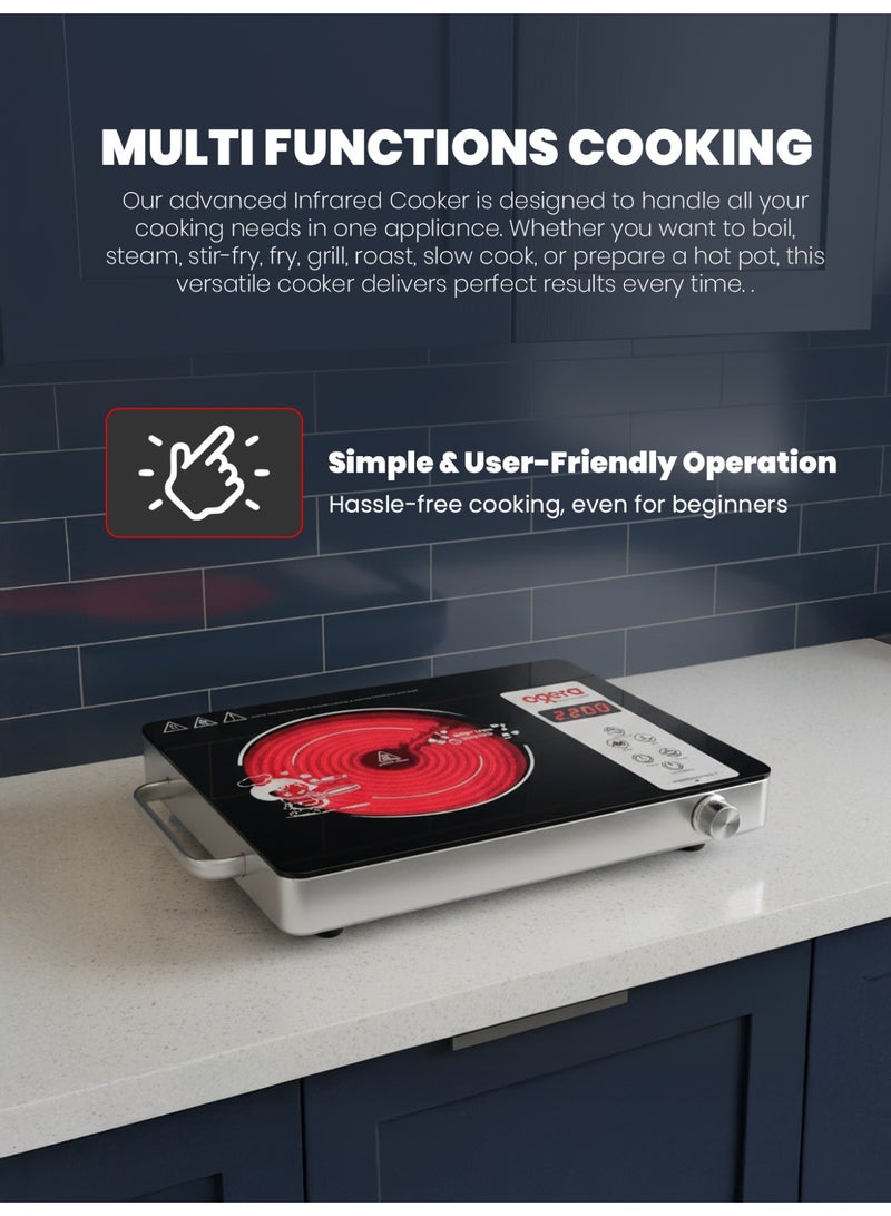 أوجيرا موقد أشعة تحت الحمراء رقمي 2200 واط | عين واحدة مع شاشة LED بأربعة أرقام ومقبض | سطح زجاجي مقاوم للحرارة 280×360 مم | هيكل من الستانلس ستيل | عنصر تسخين سيراميك | 10 مستويات طاقة | مواد مقاومة للحريق | ضمان سنتين | OG8026IFC - Image 4