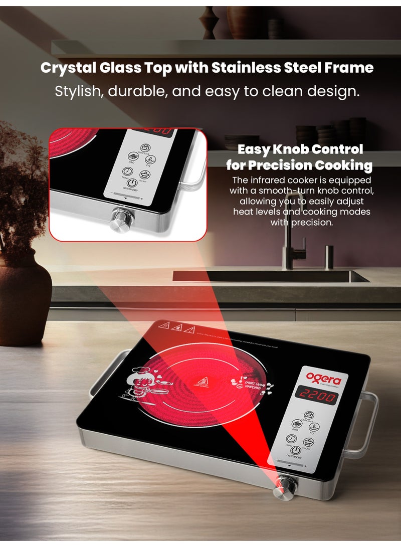 أوجيرا موقد أشعة تحت الحمراء رقمي 2200 واط | عين واحدة مع شاشة LED بأربعة أرقام ومقبض | سطح زجاجي مقاوم للحرارة 280×360 مم | هيكل من الستانلس ستيل | عنصر تسخين سيراميك | 10 مستويات طاقة | مواد مقاومة للحريق | ضمان سنتين | OG8026IFC - Image 5